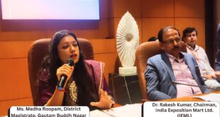 District Magistrate Medha Roopam addressing the media with Dr. Rakesh Kumar, Chairman of IEML