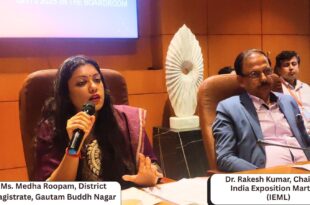 District Magistrate Medha Roopam addressing the media with Dr. Rakesh Kumar, Chairman of IEML