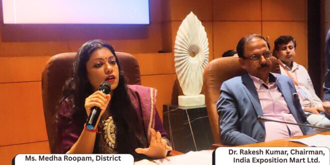 District Magistrate Medha Roopam addressing the media with Dr. Rakesh Kumar, Chairman of IEML